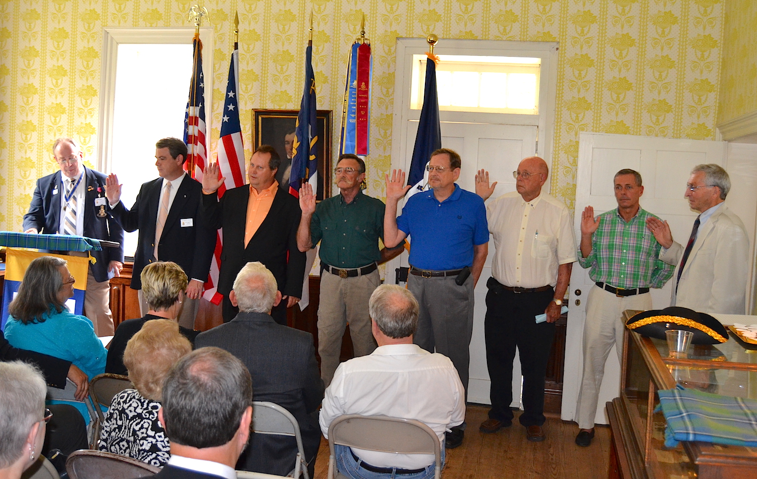 Charter members of the COL Alexander Erwin chapter take their SAR membership oaths on September 12 2015.