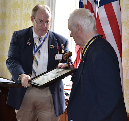 COL Alexander Erwin chapter president Wayne Davis receives the new chapter charter from North Carolina SAR president Tim Berly on September 12, 2015