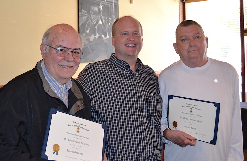 Mecklenburg chapter SAR members Mike Cathey and John Allen receive supplemental memberships on October 22 2015.