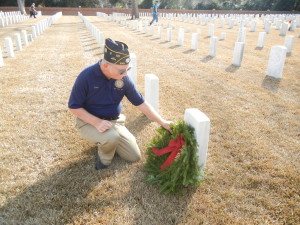 SAR New Bern Chapter VP Gary Gillette, laying a wreath at the gravestone of a Veteran family member.