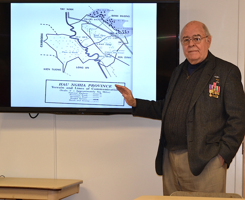 Mecklenburg SAR chapter member John Allen delivers his Vietnam War experience to the Alexandriana and Mecklenburg DAR chapters on February 13 2016 at Hopewell Presbyterian Church in Huntersville, NC.