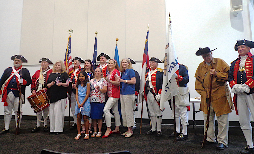 Mecklenburg SAR Color Guard poses on July 4 2017 with members of the Mecklenburg Declaration of Independence DAR Chapter at the Charlotte Museum of History.