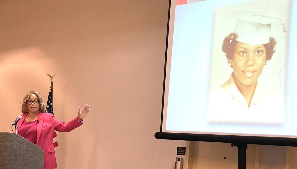 Gayle Jessup White discusses her family's historic connection to Thomas Jefferson and Sally Hemings at the Mecklenburg SAR dinner event in Charlotte, NC on November 11 2021.